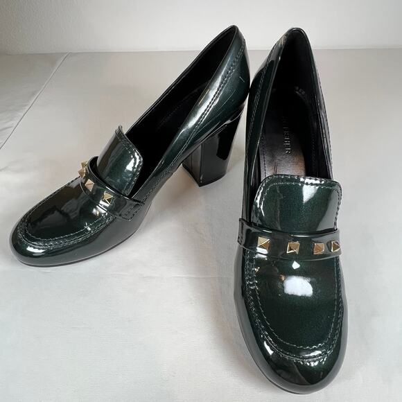 Marc Fisher Studded Patent Loafers Women's 9.5 Dark Green Gold Studs - Picture 1 of 13